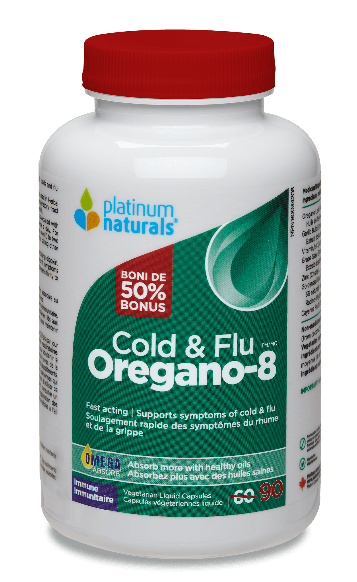 Platinum Naturals Oregano-8™ Cold & Flu Bonus 90 Veg Liquid Capsules - 